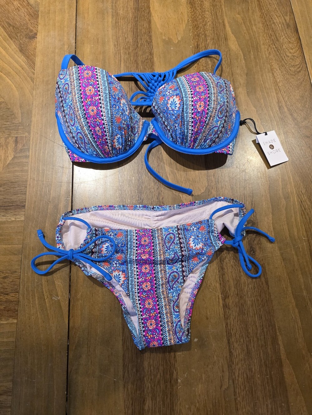Shade & Shore Blue Paisley Bikini Set Top 34D Crochet Back / Bottoms Medium